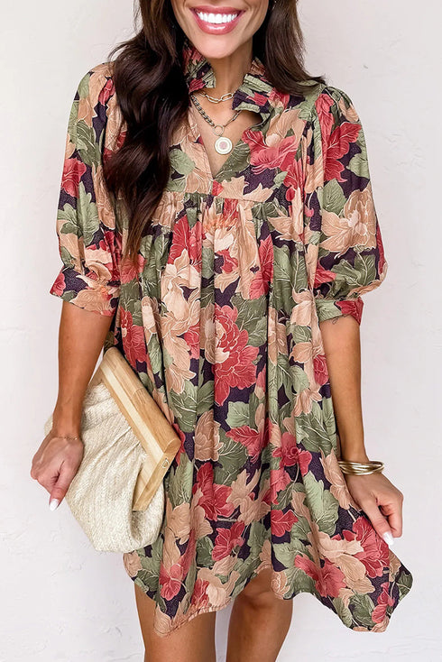 Floral Ruffled Collar Split V Neck Puff Sleeve Babydoll Mini Dress